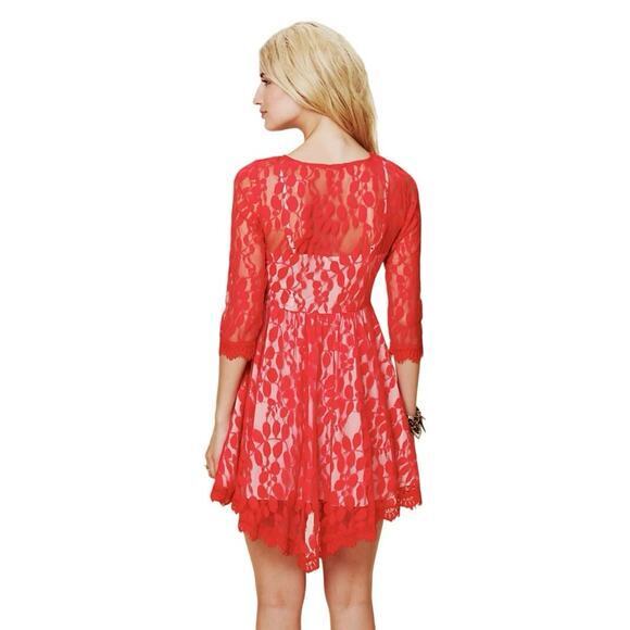 Free People FP Women 2 Floral Mesh Lace Mini Dress Red Lace Overlay 3/4 Sleeves - Picture 4 of 14